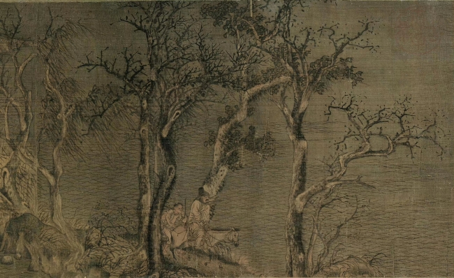 Zhao Gan. active ca. 961–975. Early Snow on the River, 10th Century. Detail. Handscroll; ink and color on silk. 25.9 × 376.5 cm. National Palace Museum, Taipei.