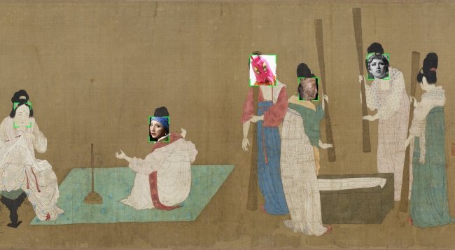 Traditional Chinese painting with alternate faces superimposed on figures