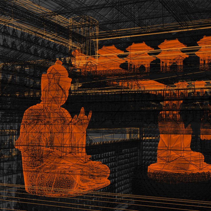 Wireframe view of digitally reconstructed Wanfo Pavilion, Zhihua Temple, Beijing